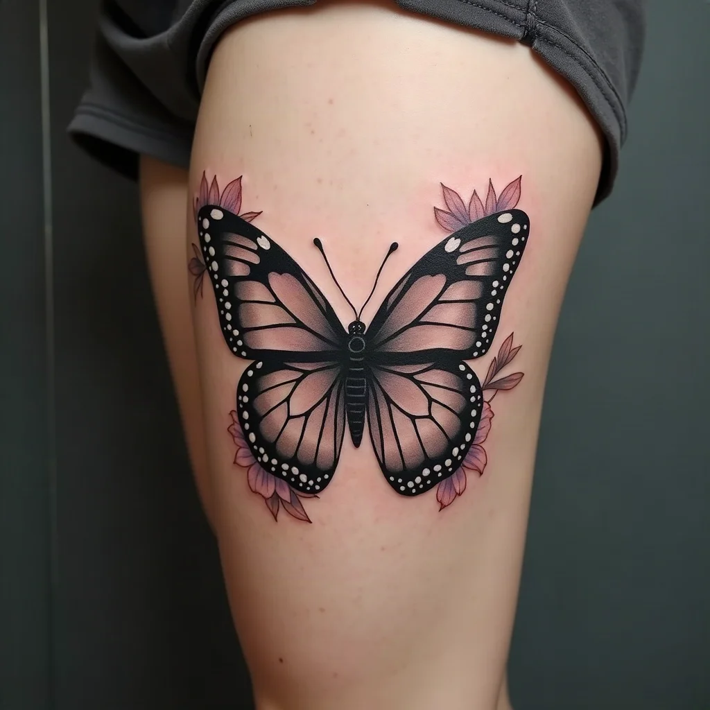 Illustrative butterfly with wings formed from peonies and small flowers tattooed on the thigh
