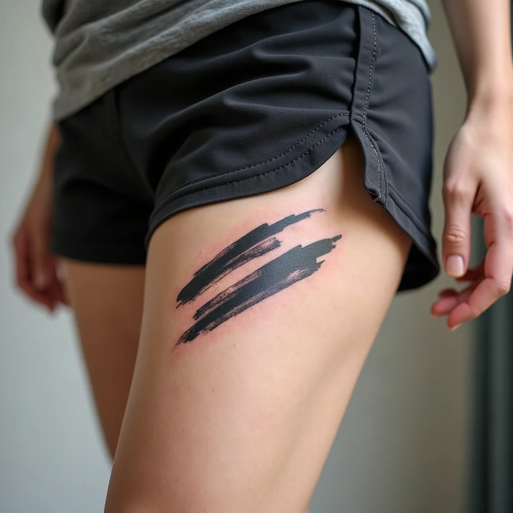 Illustrative calligraphic brushstroke tattoo with dry-brush tails curving down the thigh