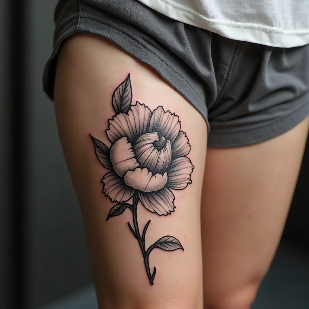 Illustrative cascading peony tattoo with soft grey shading on the outer thigh