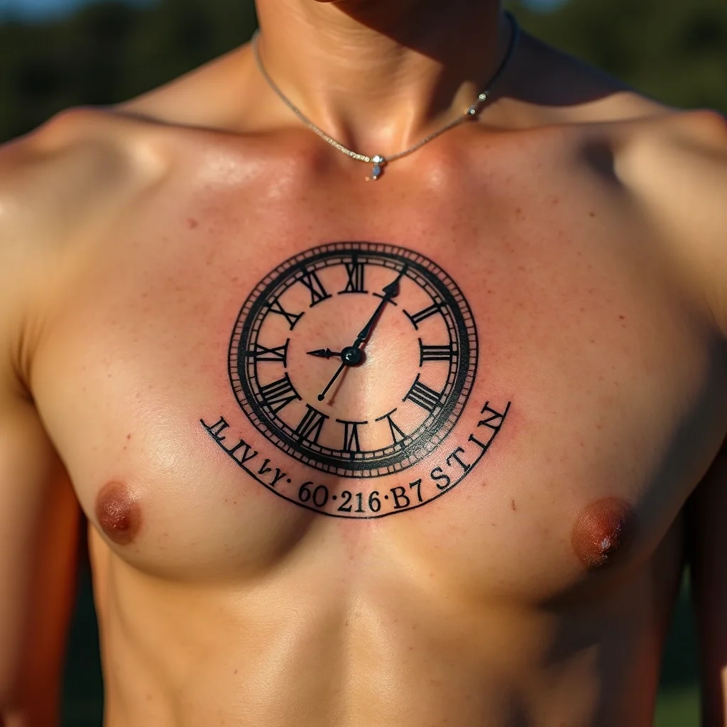 Illustrative clock face with Roman numeral hours and a date curved beneath it on the chest