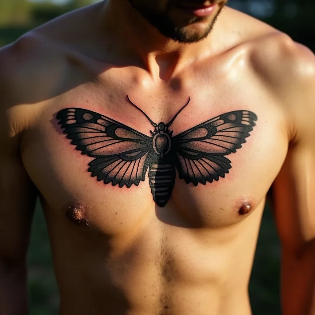 Illustrative death's-head moth with wings spread across the sternum, dotwork shading on a man's chest