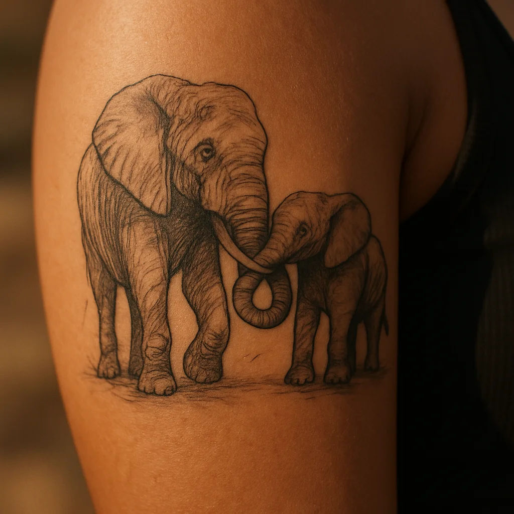 Illustrative elephant and calf with linked trunks tattooed on an upper arm