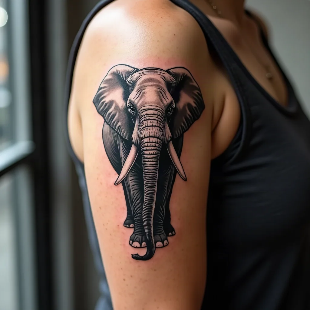 Illustrative elephant tattoo on a mother's upper arm, matching her son's calf elephant