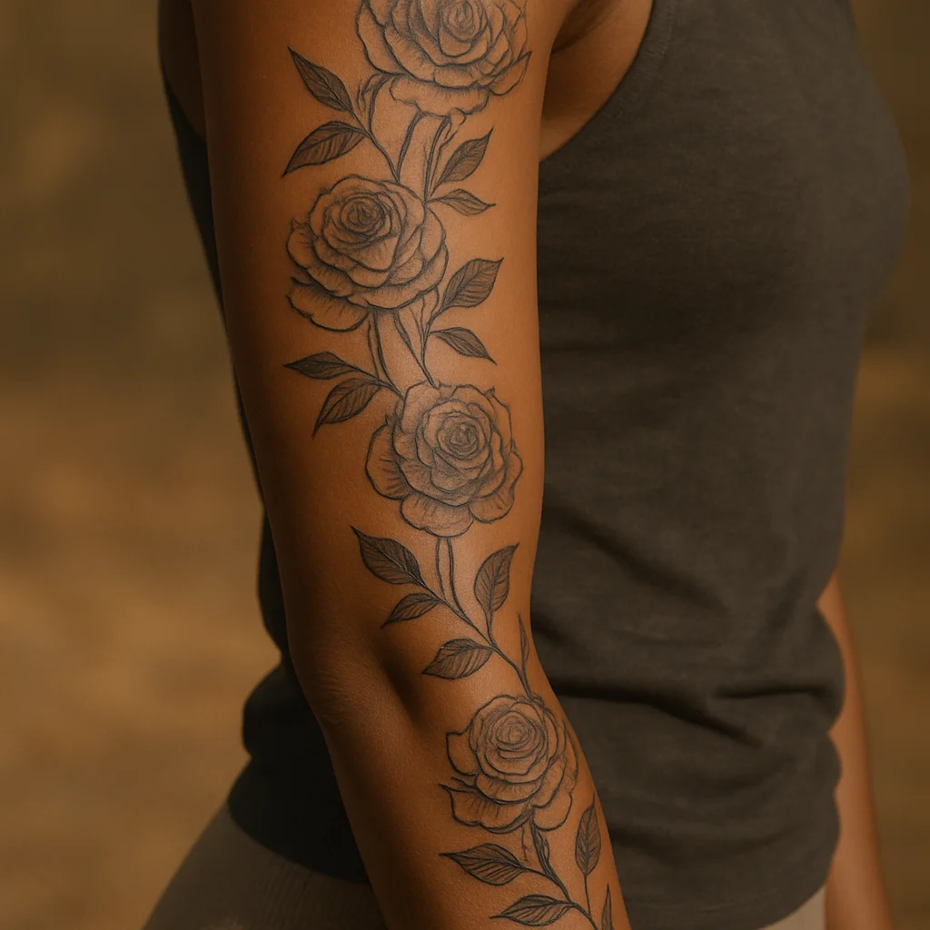 Illustrative floral full sleeve of climbing roses spiralling from shoulder to wrist on a woman's arm