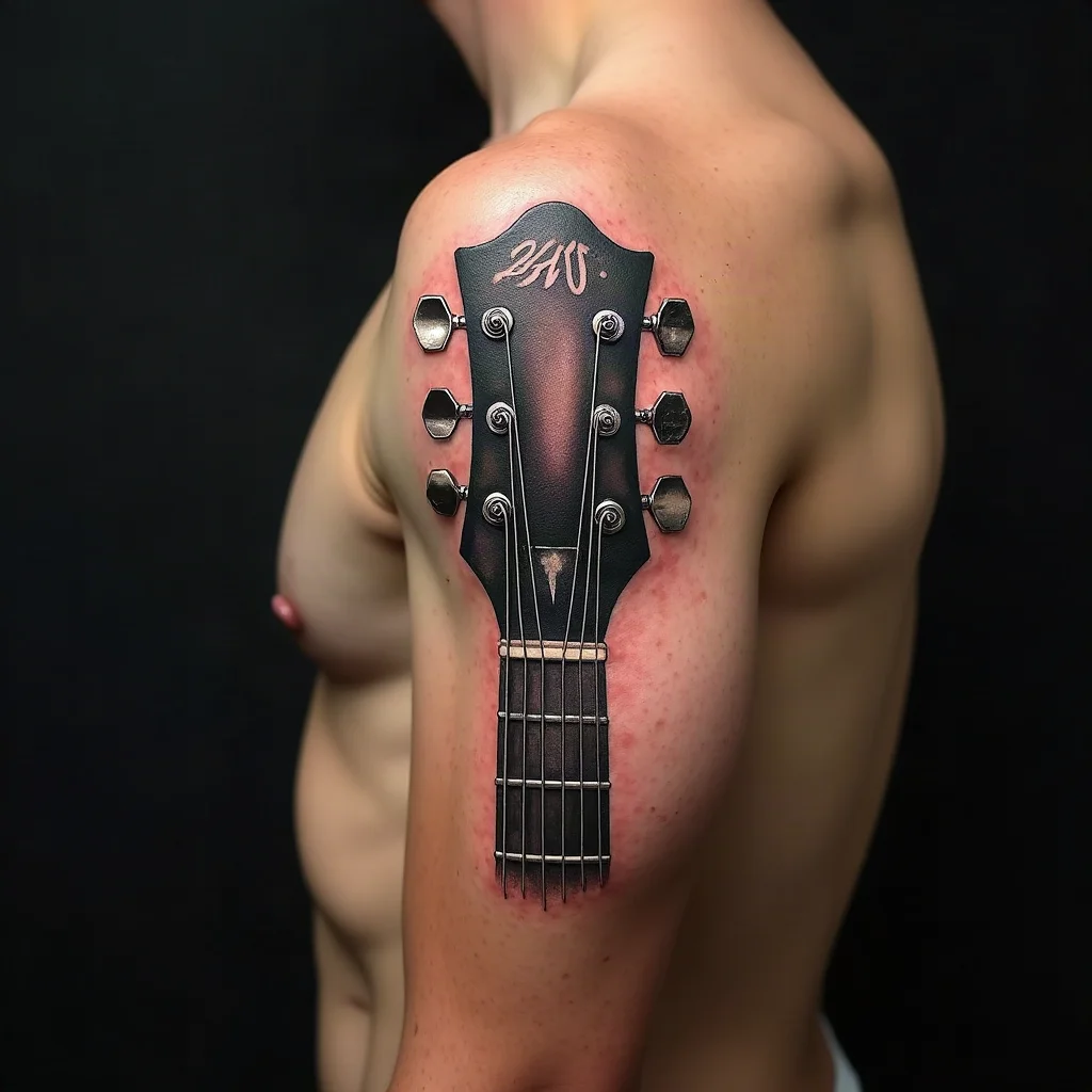 Illustrative guitar headstock tattoo on a man's upper arm