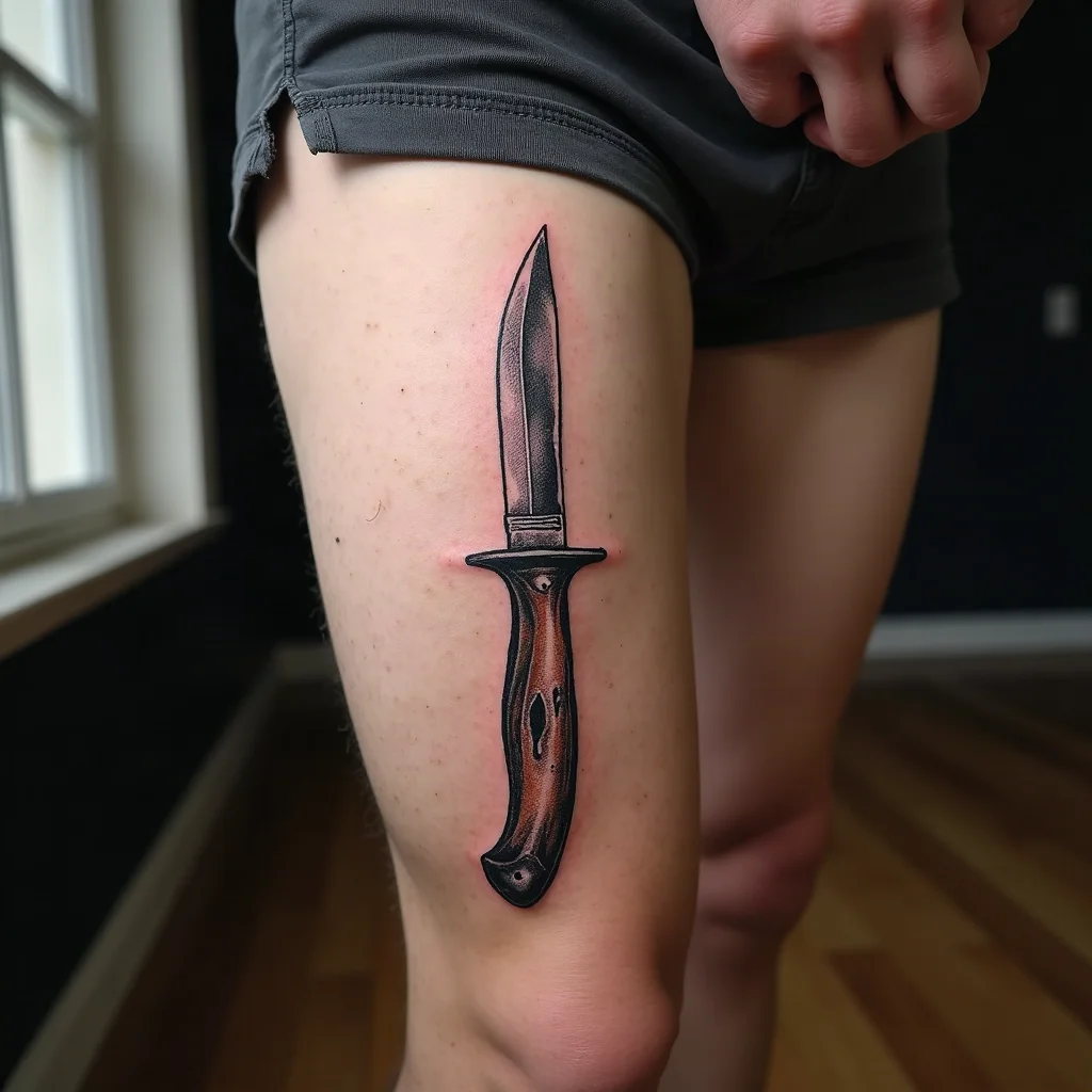 Illustrative handed-down pocket knife tattoo on a man's thigh