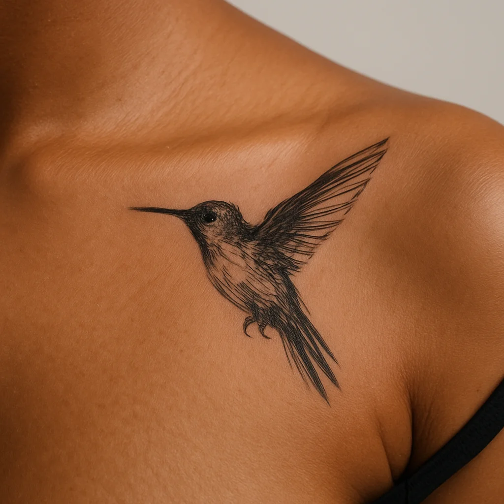 Illustrative hummingbird tattoo with tilted wings sitting along the collarbone