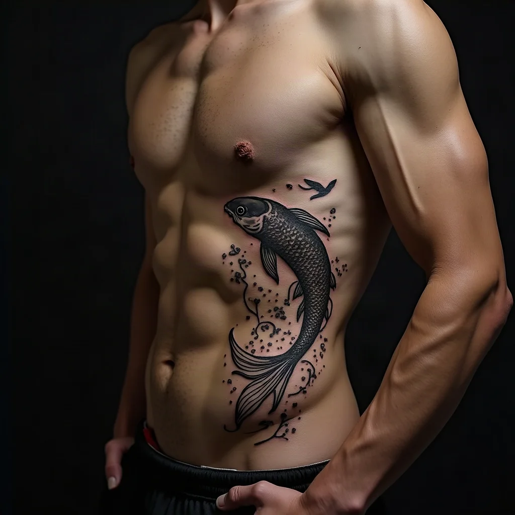 Illustrative koi and wave panel wrapping from the back onto a man's side of the ribcage