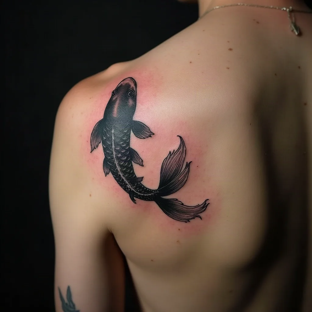 Illustrative koi with grey-wash fins and packed black scales curving up the shoulder blade