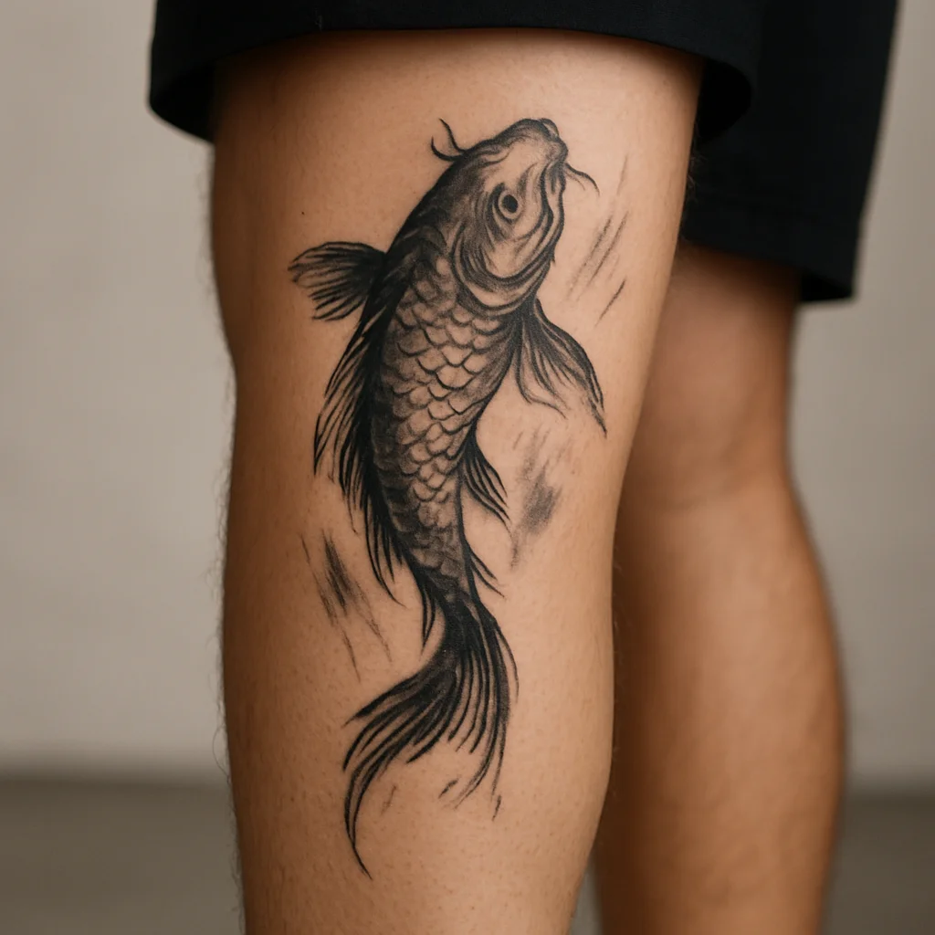 Illustrative koi with water shading tattooed along the calf muscle