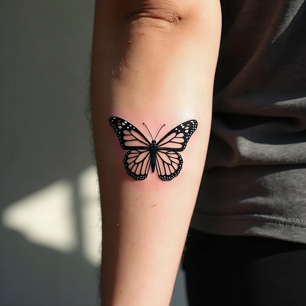 Illustrative monarch butterfly with detailed wing veining tattooed on the inner forearm