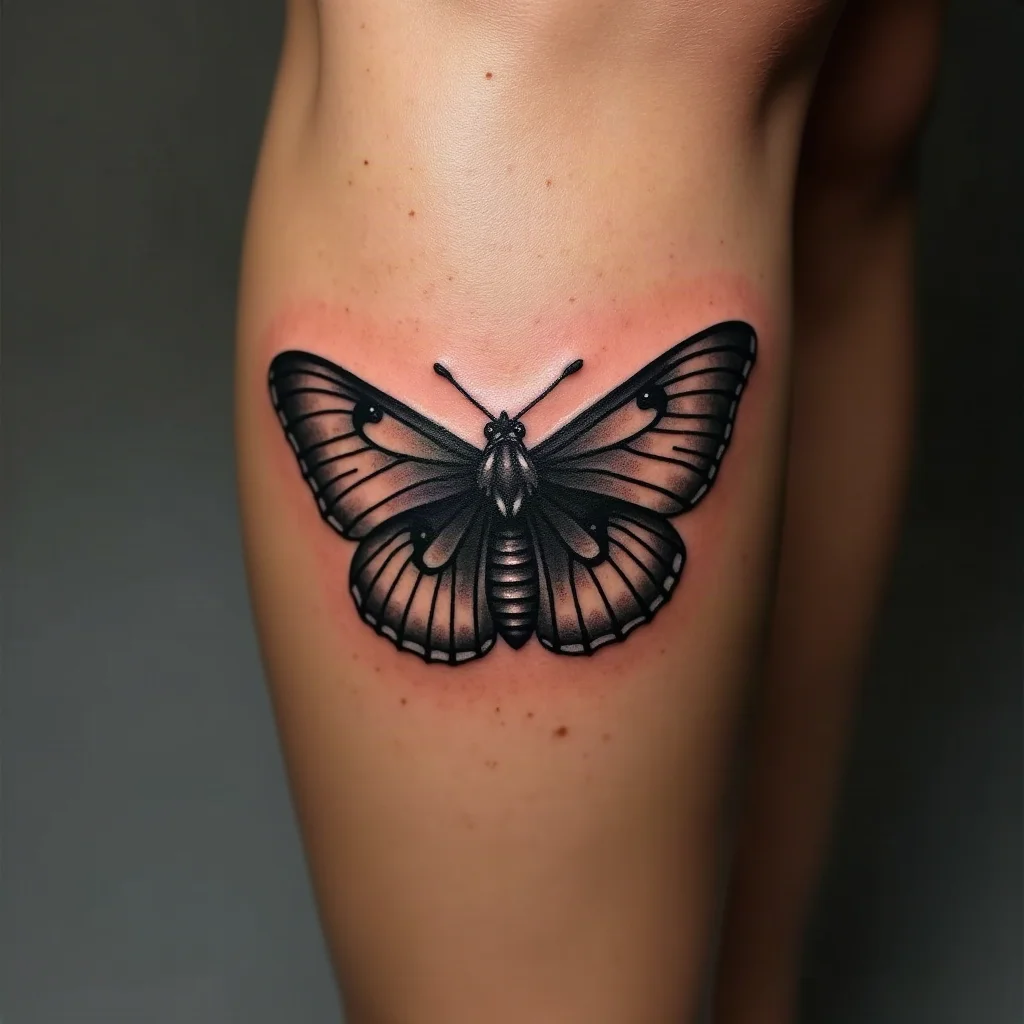 Illustrative moth tattoo on the back of a woman's calf