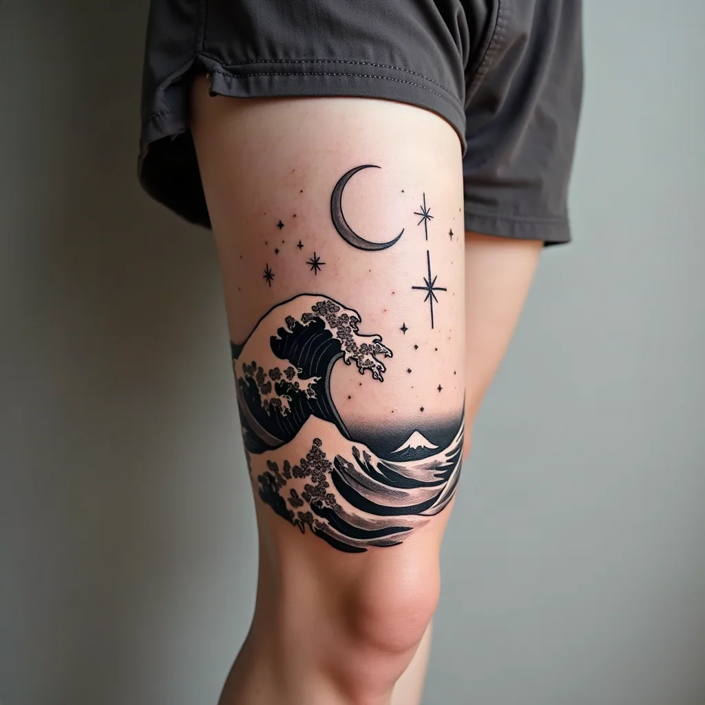 Illustrative ocean-to-sky wrap tattoo with waves, clouds and crescent moon on the thigh