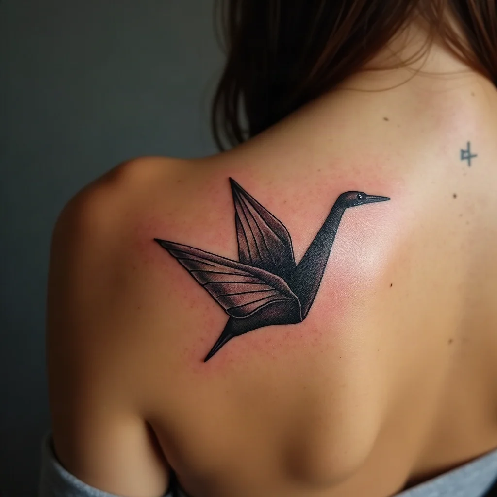 Illustrative origami crane tattoo on a sister's shoulder blade