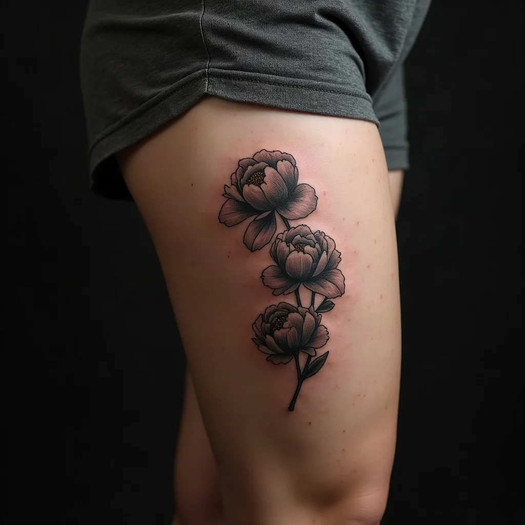 Illustrative peony cluster with grey wash shading running vertically down the front of a woman's thigh