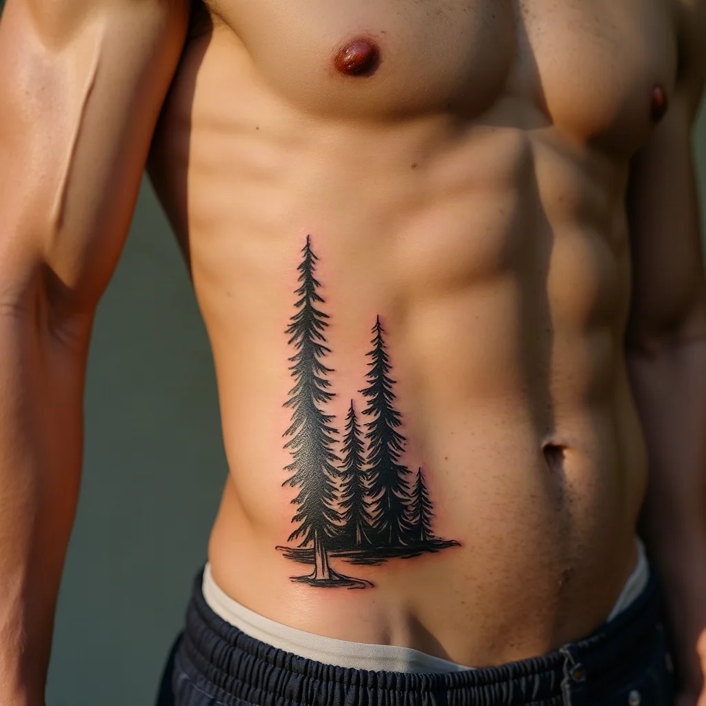 Illustrative pine ridgeline tattoo running down a man's side of the ribcage