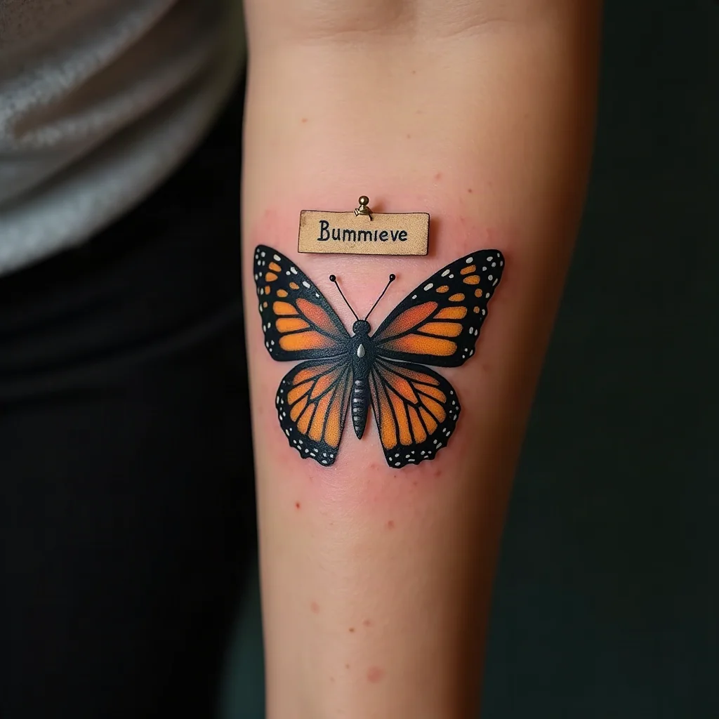 Illustrative pinned specimen butterfly with a label card tattooed on the inner forearm