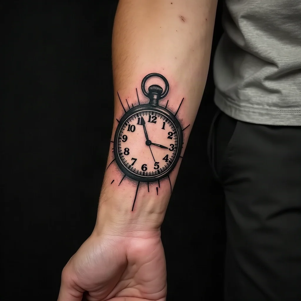 Illustrative pocket watch tattoo set to a birth hour on a man's inner forearm