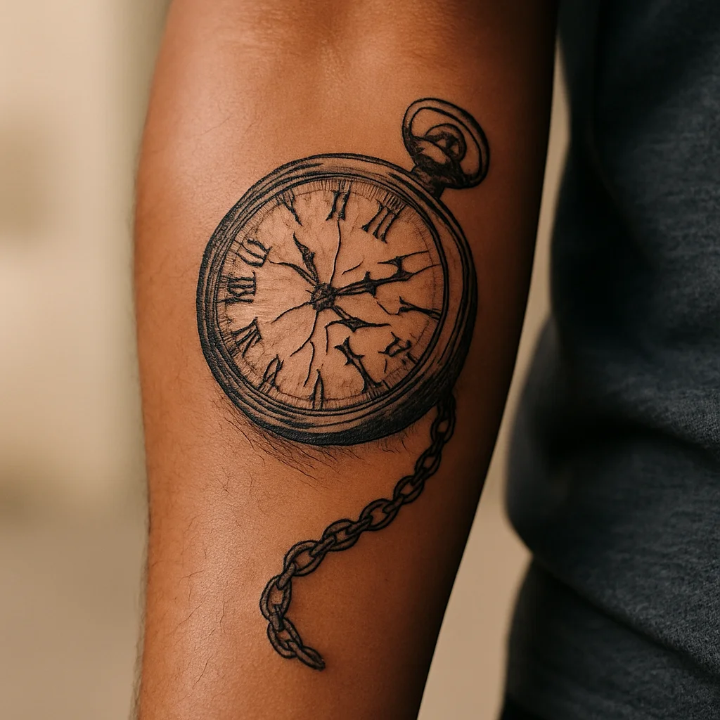 Illustrative pocket watch with cracked face and chain tattooed on a man's outer forearm