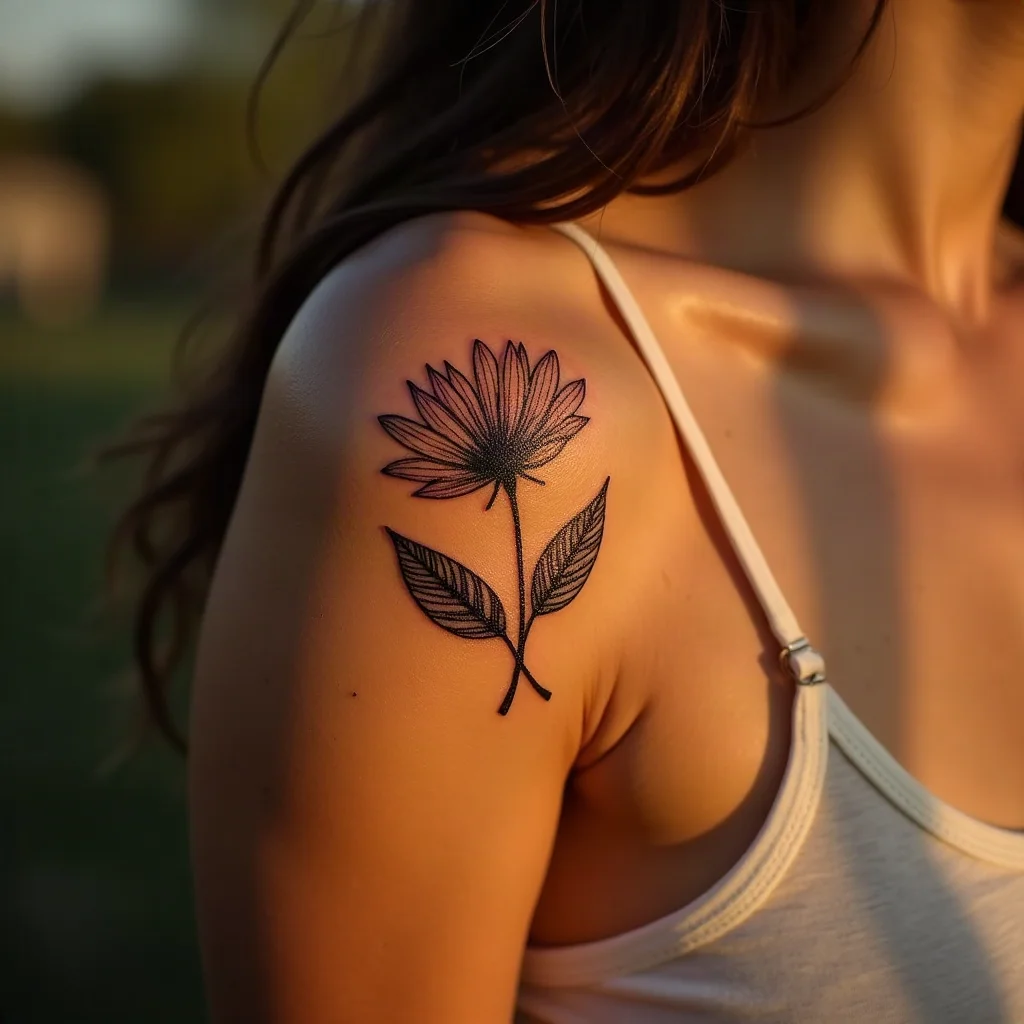 Illustrative single flower tattoo on a woman's shoulder blade, hidden under a top
