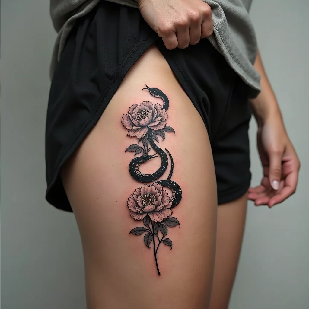 Illustrative snake coiling through peony blooms tattooed down the outer thigh
