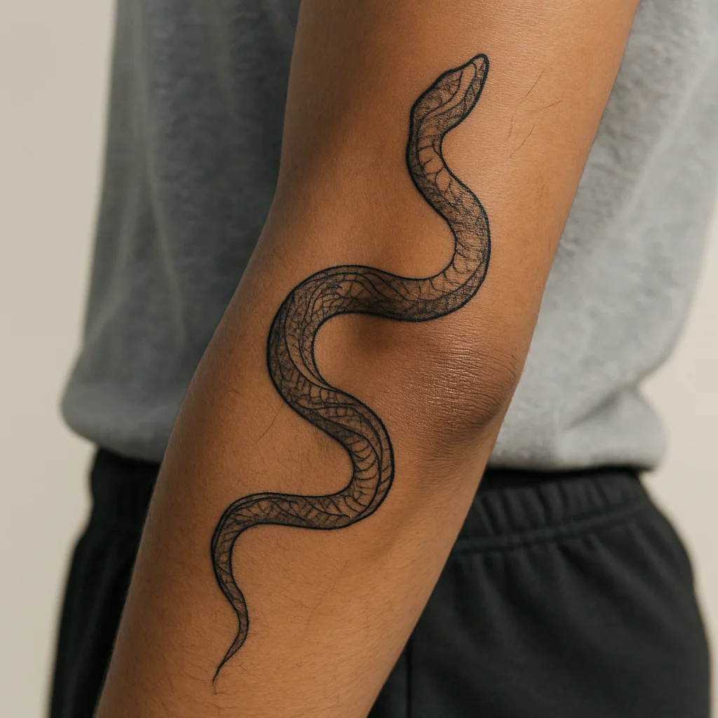 Illustrative snake tattoo curving through the elbow ditch on the inner forearm