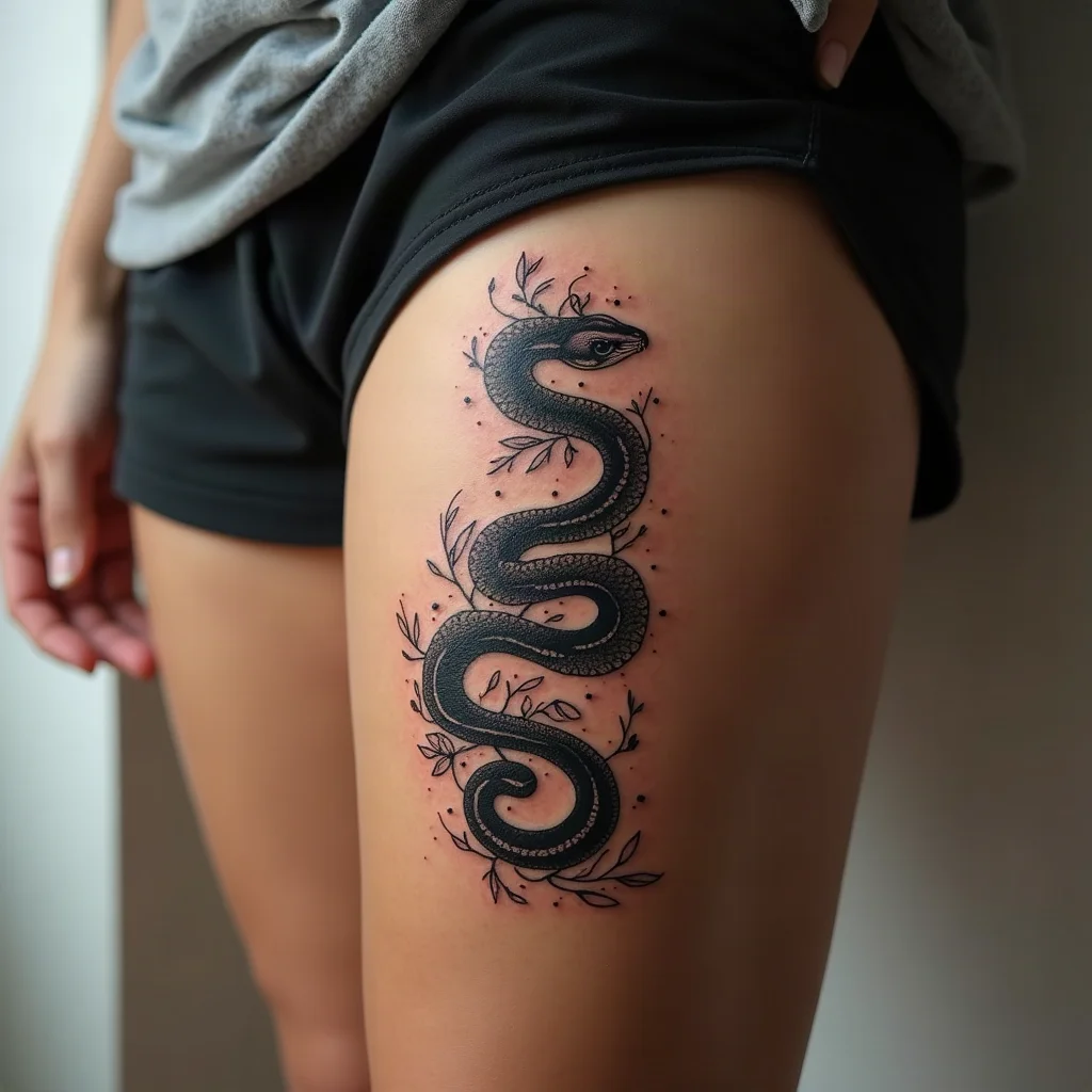 Illustrative snake tattoo winding down the inner thigh with nightshade botanical accents
