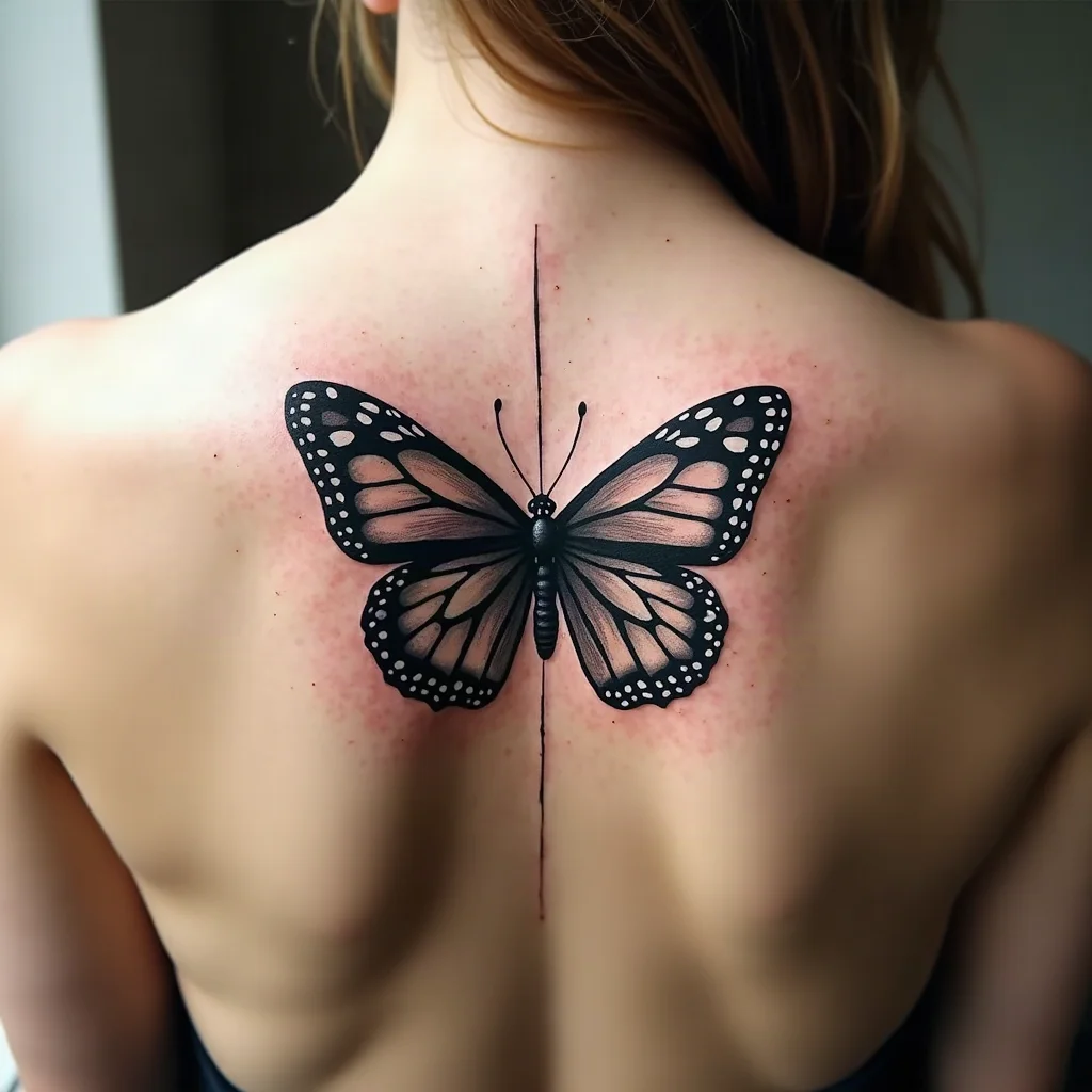 Illustrative split butterfly and skull design tattooed across the upper back