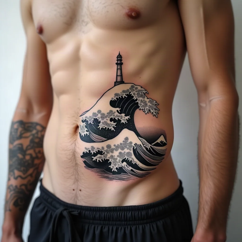 Illustrative storm wave and lighthouse tattoo across the side of the ribcage