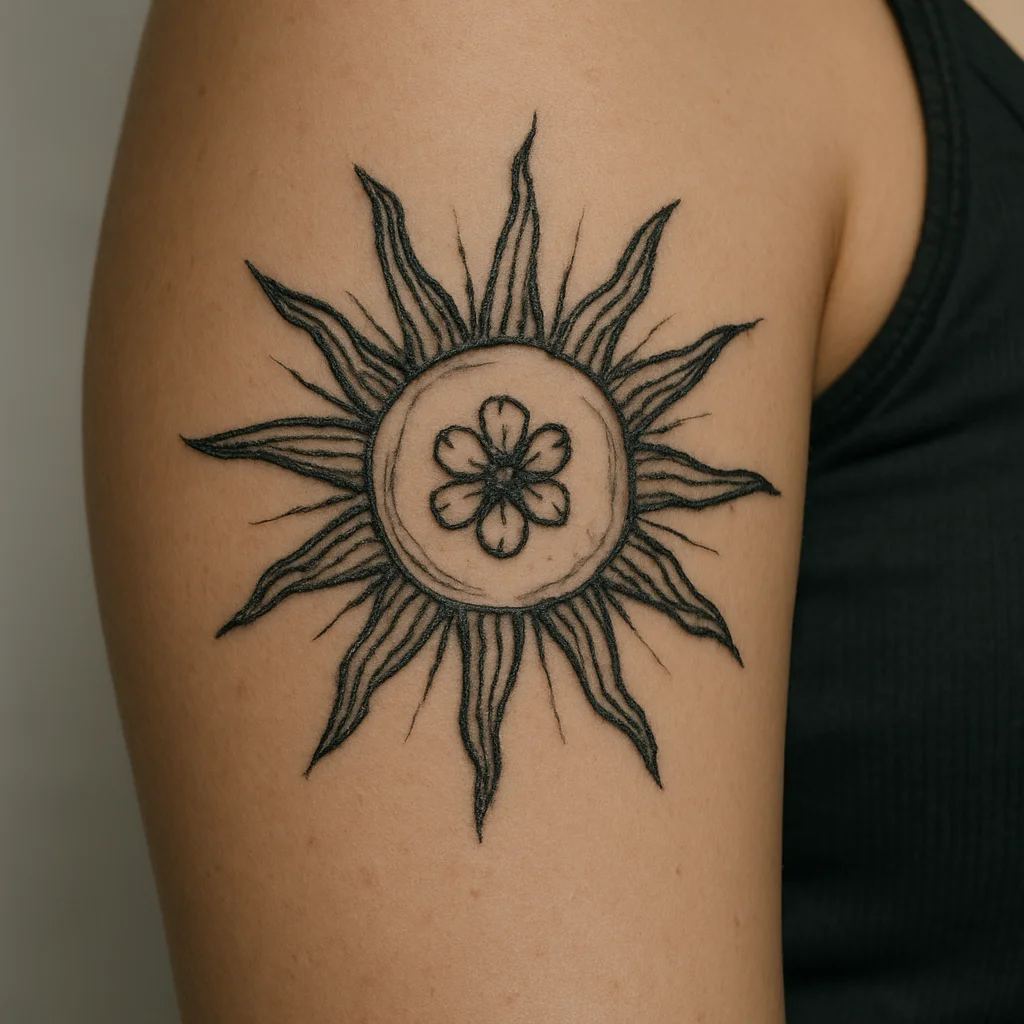 Illustrative sun with a flower inside its disc tattooed on an upper arm
