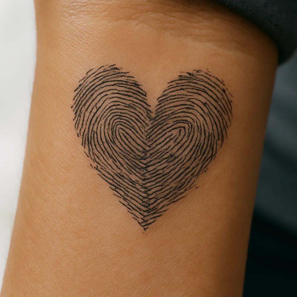 Illustrative thumbprint heart tattoo made from two pressed prints on an inner wrist