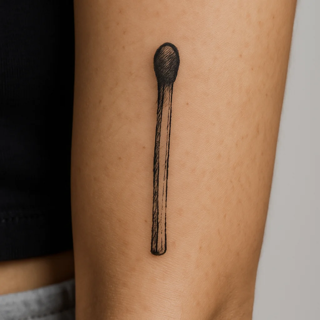 Illustrative unlit matchstick tattoo on the outer forearm, half of a match and flame couple pair