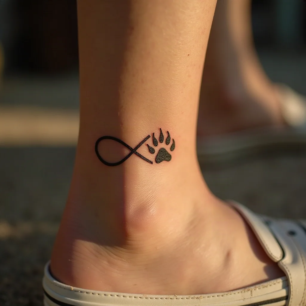 Infinity loop forming a paw print outline, minimalist tattoo on an ankle