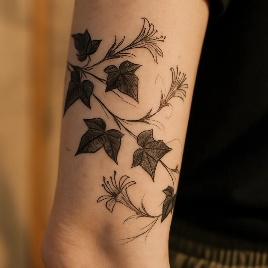 Ivy and honeysuckle tattoo wrapping twice around a woman's forearm