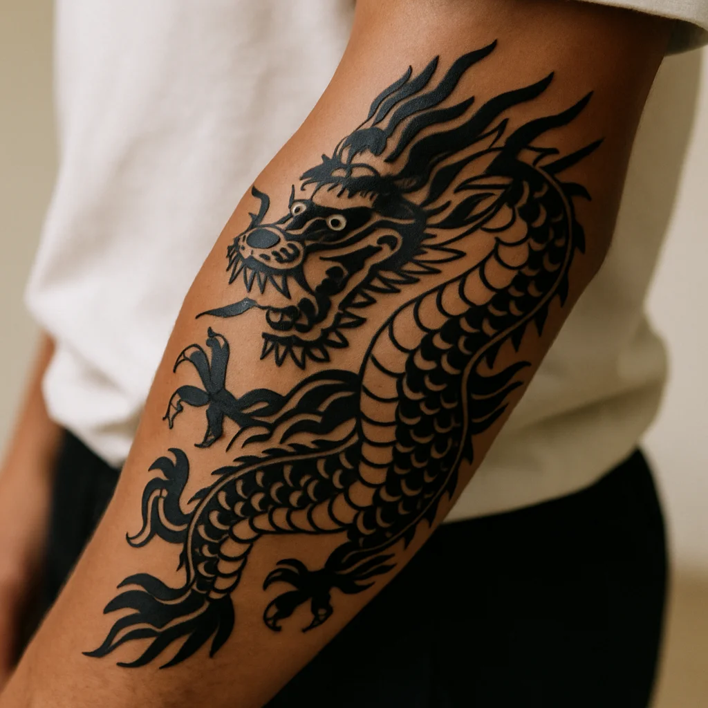 Japanese dragon with wind bars twisting down the outer forearm in black and grey