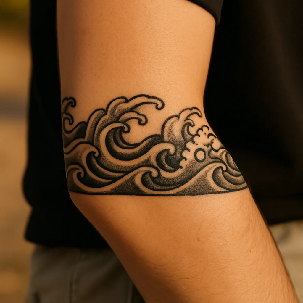 Japanese finger wave band tattooed as a cuff across the outer forearm in black and grey