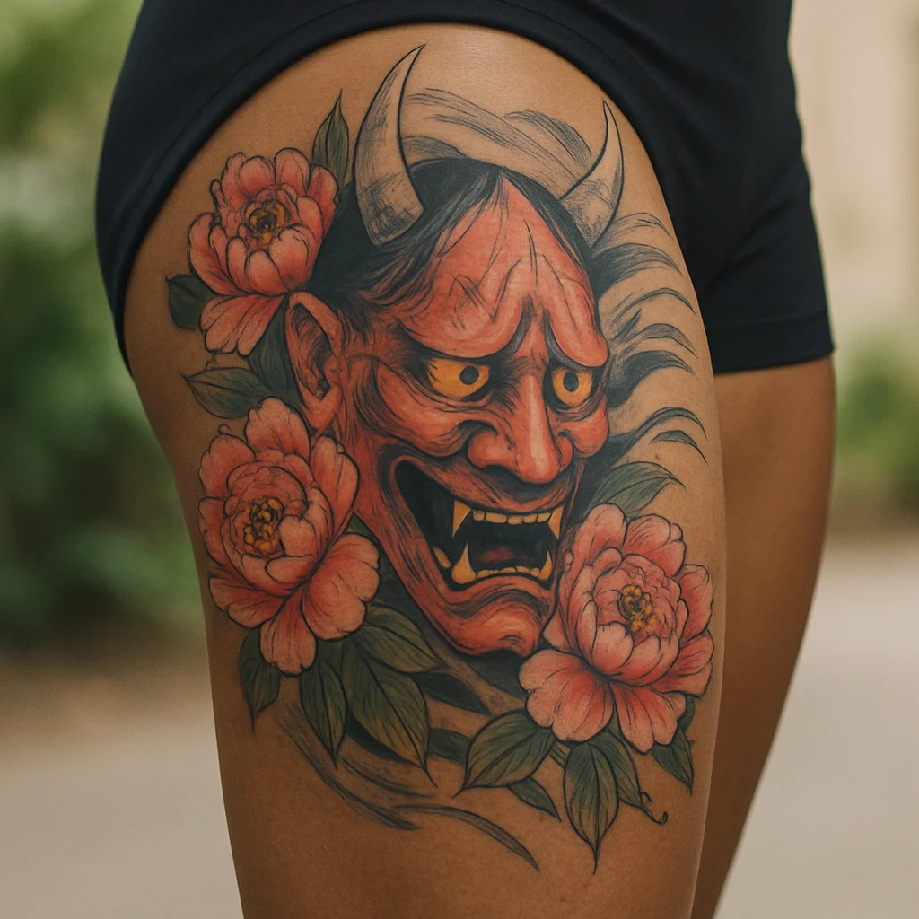 Japanese hannya mask and peony thigh panel tattoo running from hip to knee