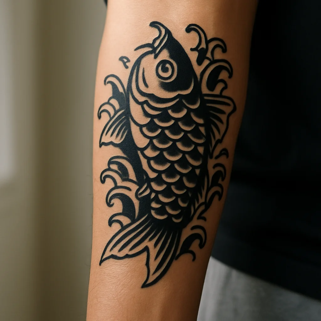 Japanese koi swimming upward with water splash tattooed along the outer forearm in traditional black and grey