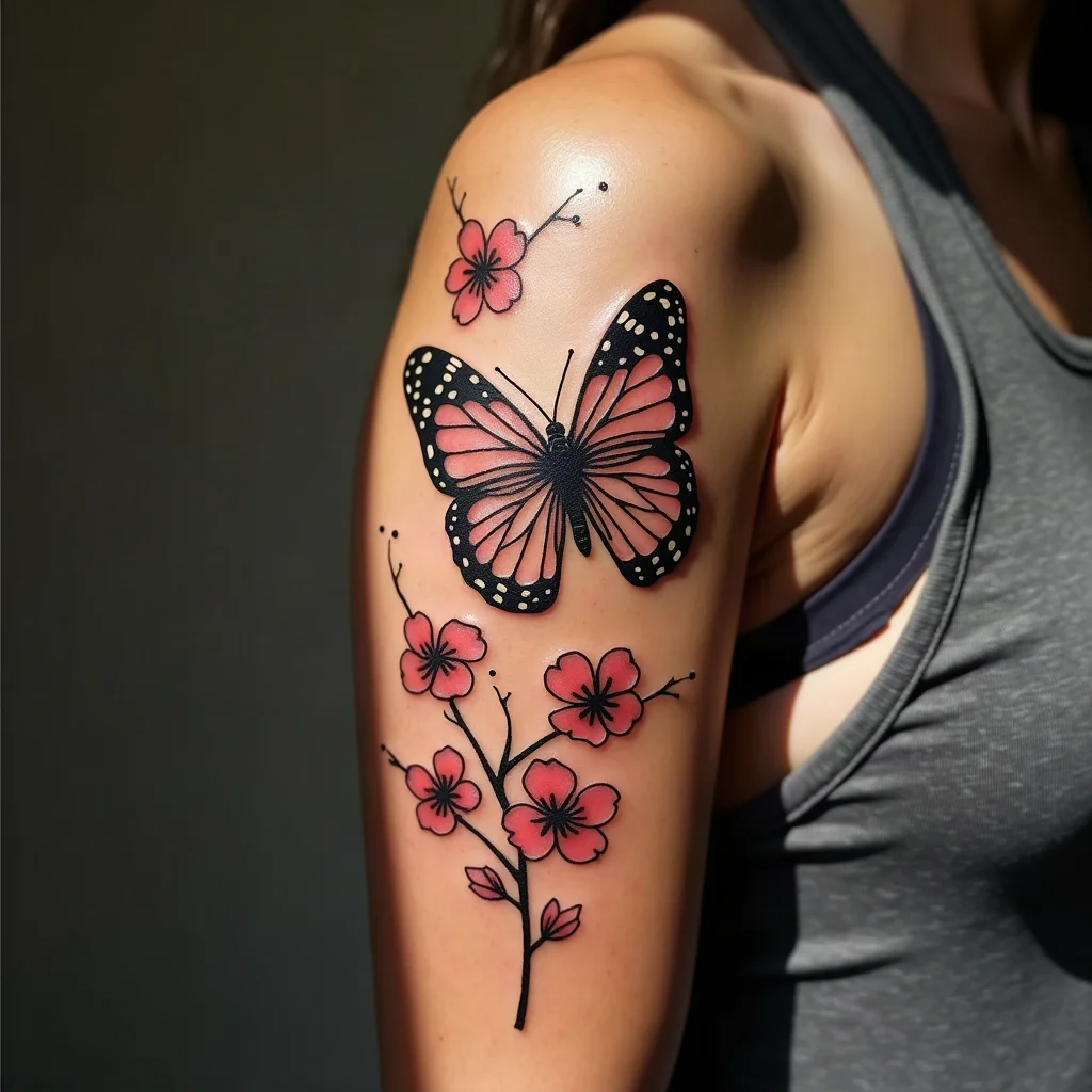 Japanese-style butterfly with cherry blossoms and wind bars tattooed on the upper arm