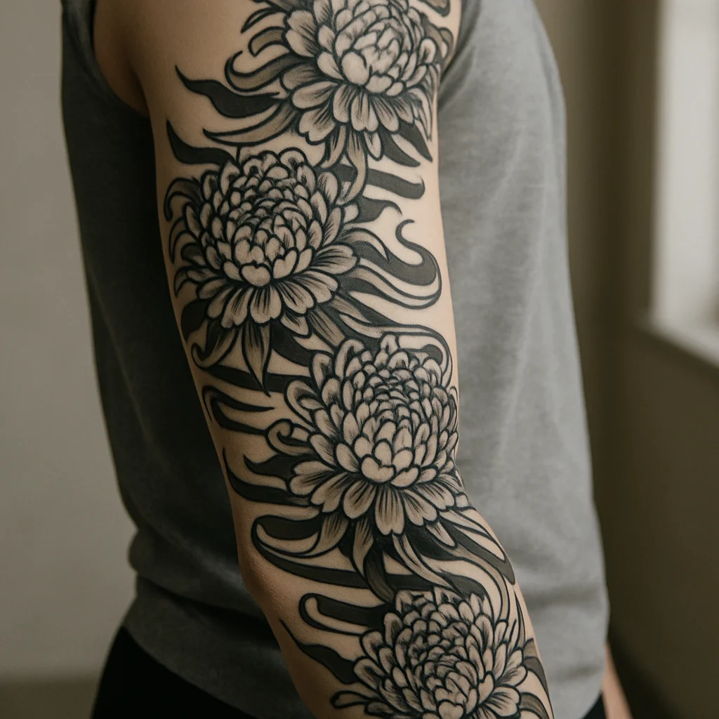 Japanese-style chrysanthemum sleeve with wind bars wrapping the full arm