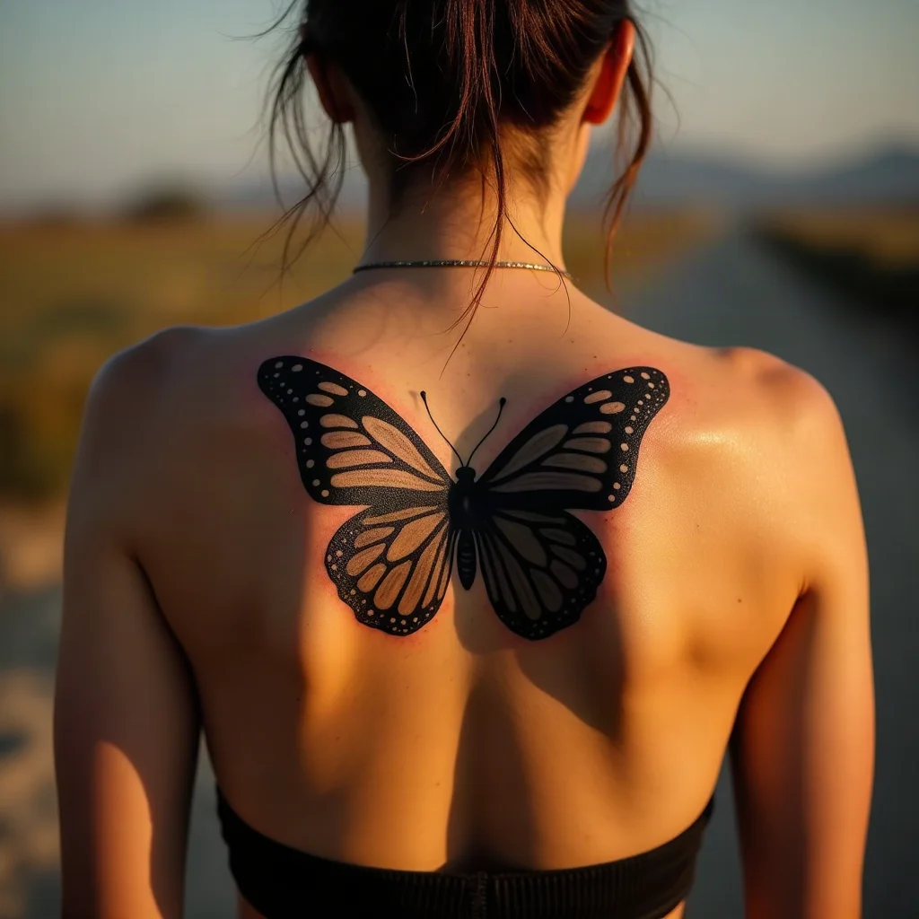 Large blackwork butterfly wings framing the spine across the back
