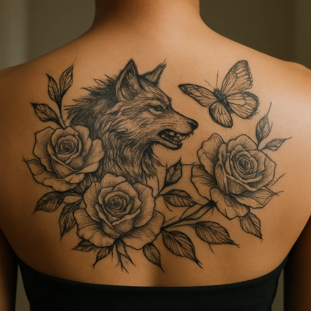 Large illustrative back piece tattoo spanning the shoulder blades