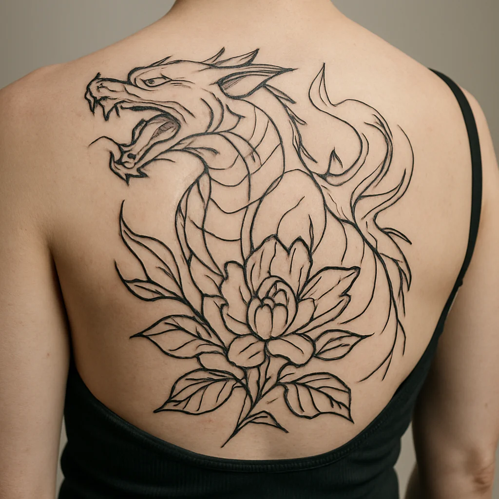 Large illustrative back tattoo freshly finished after the absorbent dressing was removed