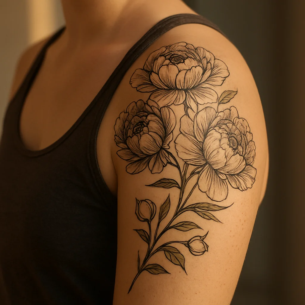 Large peony cluster tattoo on the shoulder cap with buds cascading down the arm