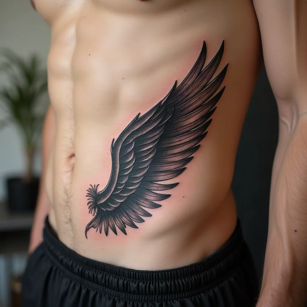 Large single feathered wing tattoo filling the side of the ribcage