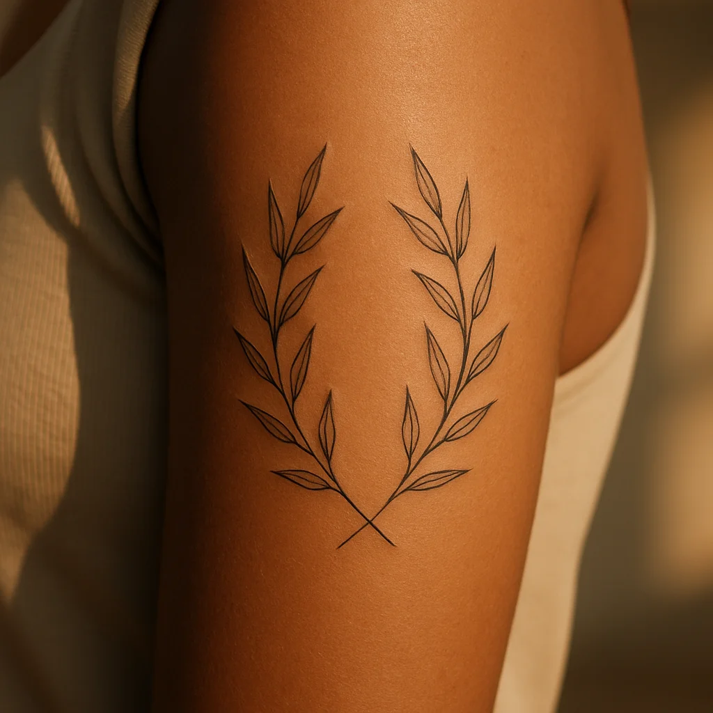 Laurel branch armband wrapping the bicep with alternating leaves in fine-line style