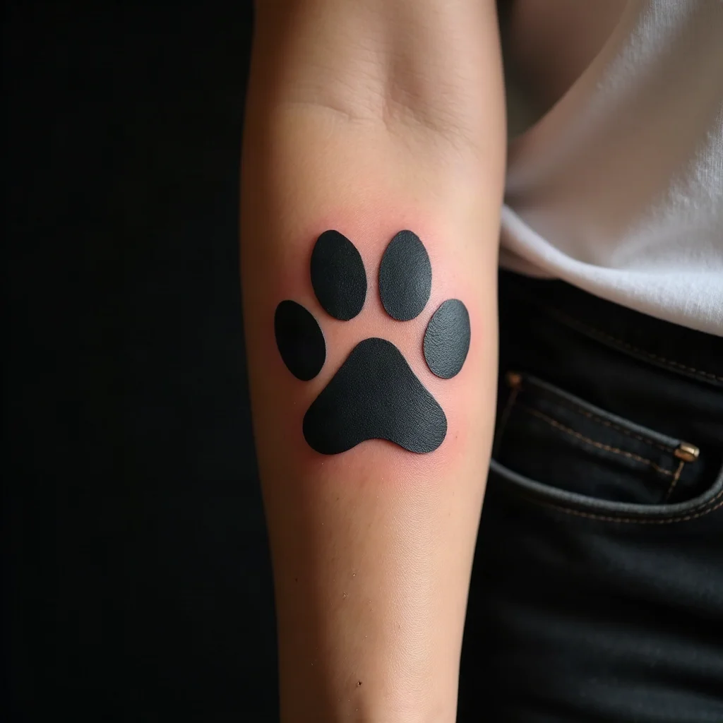 Life-size dog paw print tattoo in solid black centred on an inner forearm