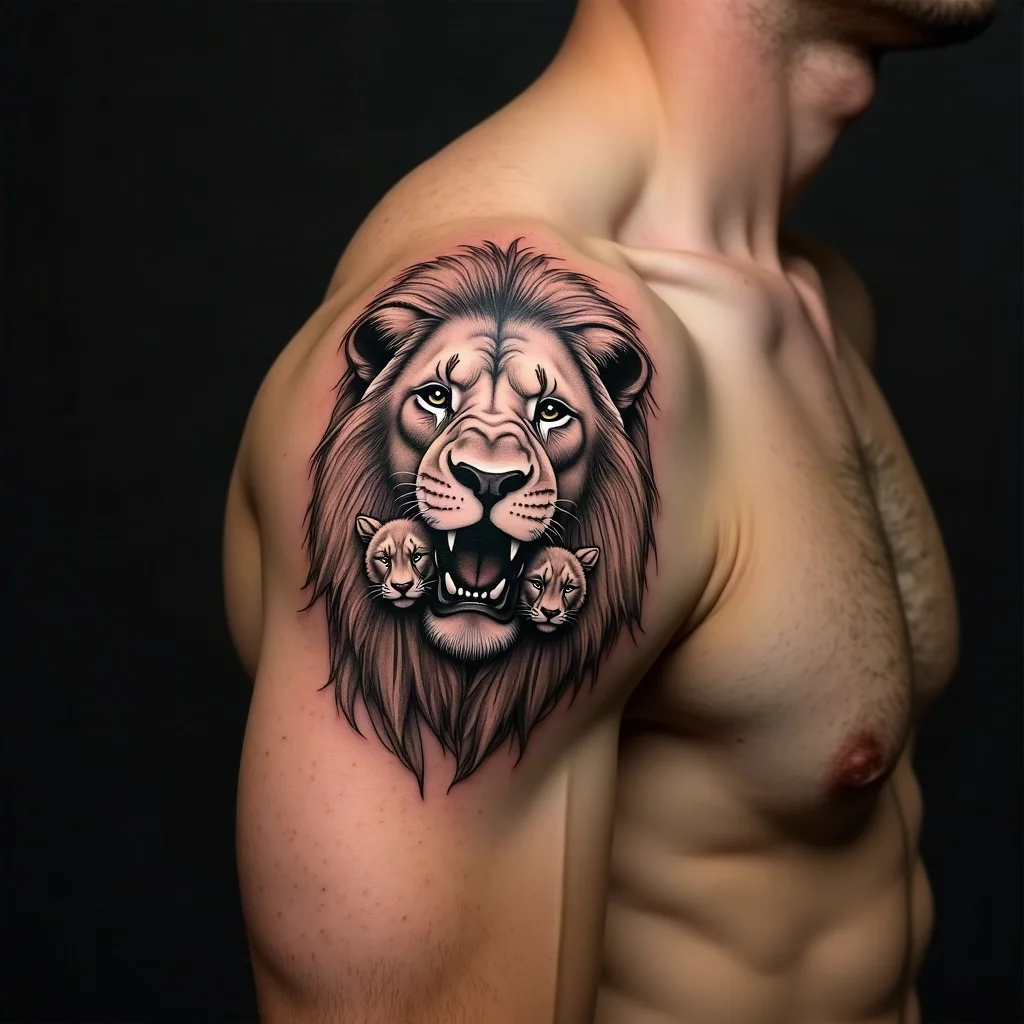 Lion with two cubs tattooed in illustrative black and grey on a man's shoulder