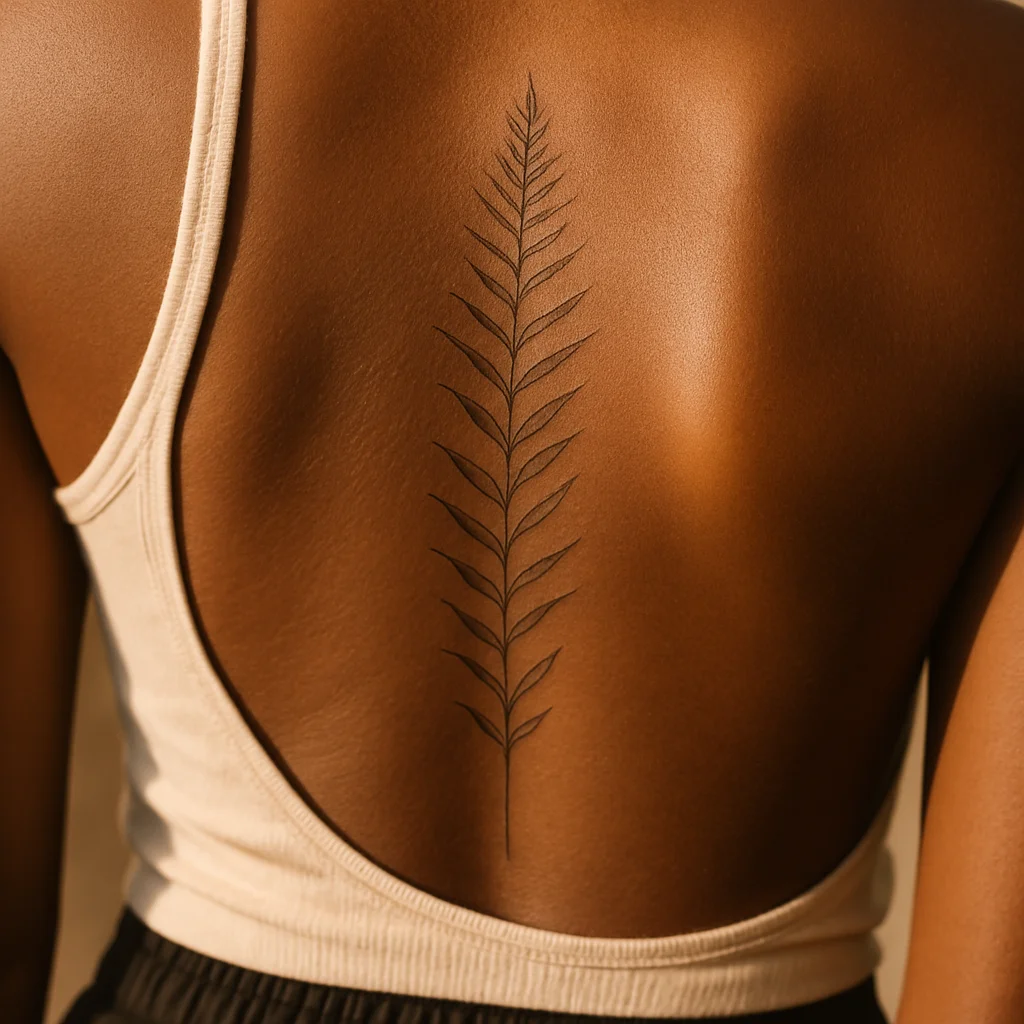 Long fine-line fern frond tattoo running vertically down the spine in delicate single-needle detail