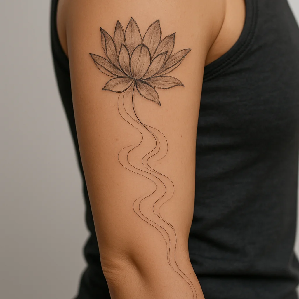 Lotus and water line sleeve flowing from shoulder to wrist in fine line